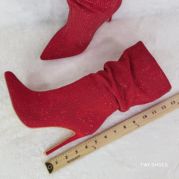Resolve Sparkling Red Rhinestone High Heel Slouch Calf Boots New Years Bling - Picture 17 of 17